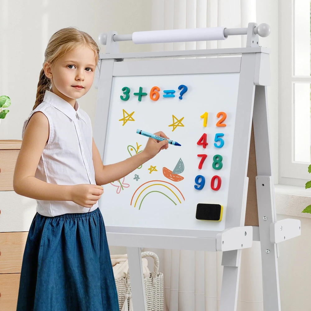 Promotion 3-in-1 sulankstomas dvipusis piešimo stovas su kreidine ir magnetine lenta, pilkas