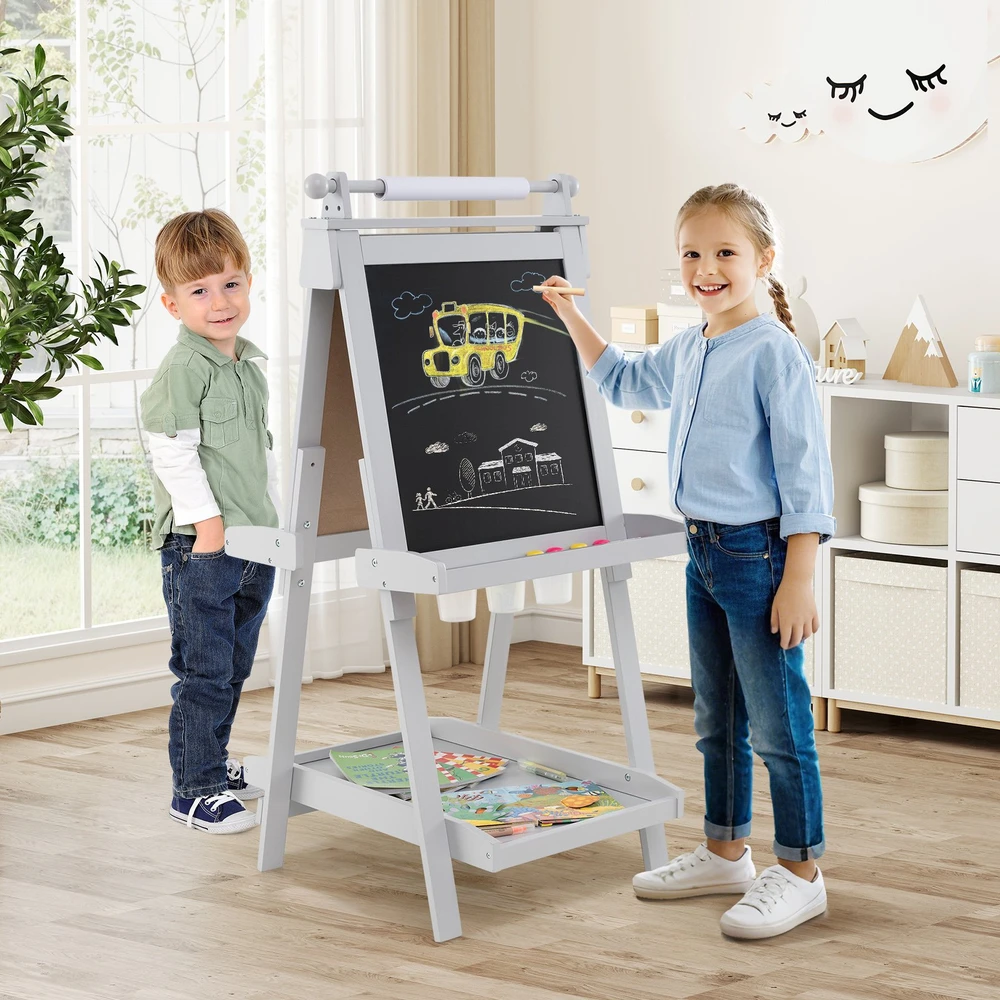 Promotion 3-in-1 sulankstomas dvipusis piešimo stovas su kreidine ir magnetine lenta, pilkas