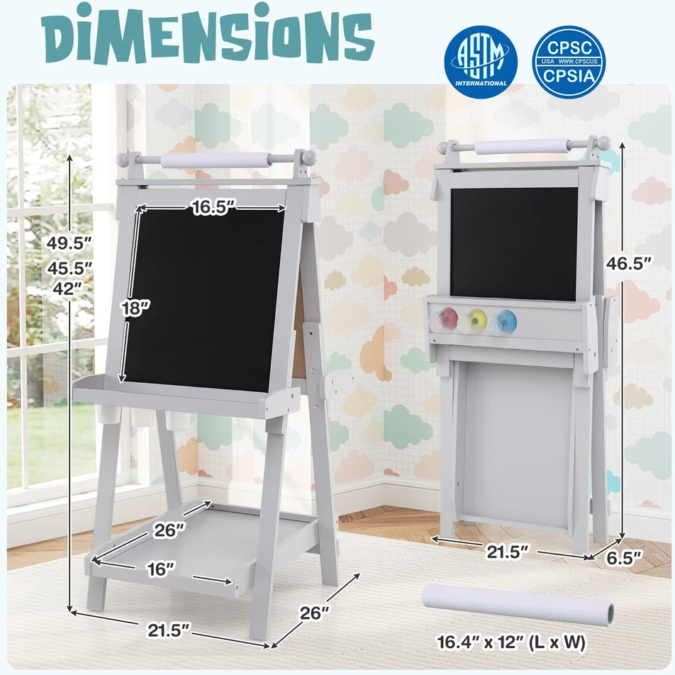 Promotion 3-in-1 sulankstomas dvipusis piešimo stovas su kreidine ir magnetine lenta, pilkas