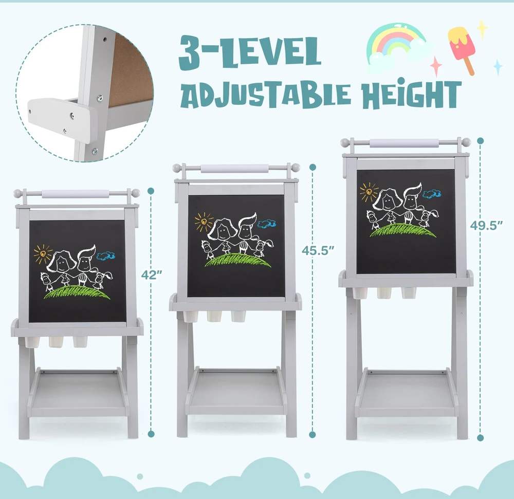 Promotion 3-in-1 sulankstomas dvipusis piešimo stovas su kreidine ir magnetine lenta, pilkas