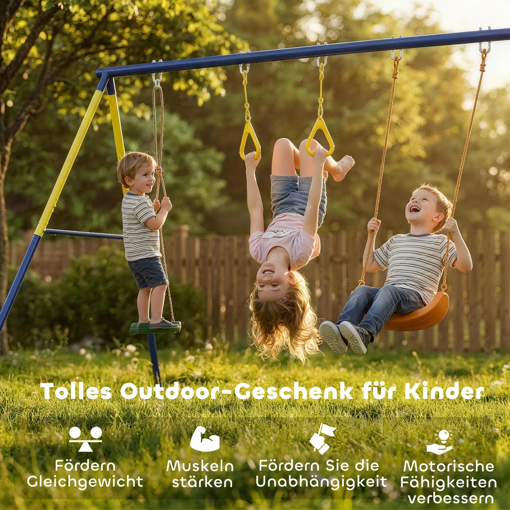 Aosom 3-in-1 sūpynių rinkinys vaikams, iki 150 kg, klasikinės sūpynės, gimnastikos žiedai, stovimos sūpynės, 285 x 160 x 181 cm