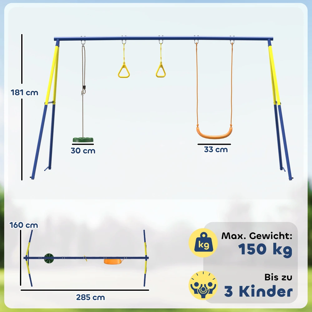 Aosom 3-in-1 sūpynių rinkinys vaikams, iki 150 kg, klasikinės sūpynės, gimnastikos žiedai, stovimos sūpynės, 285 x 160 x 181 cm