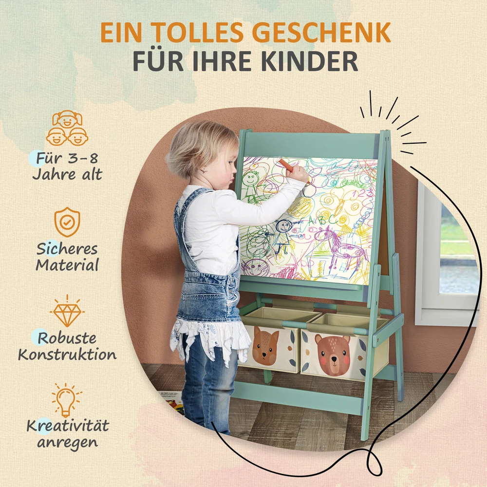 Koduva 3-in-1 vaikiškas molbertas su popieriaus ritiniu, kreidų lenta, balta lenta, laikymo krepšeliais, 54 x 46,5 x 93 cm, žalias