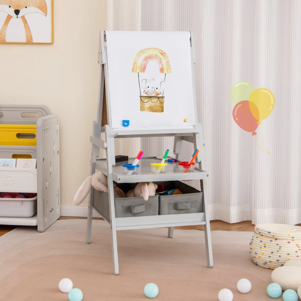 Promotion 3-in-1 vaikų piešimo stovas su magnetine lenta ir kreidine lenta, pilkas
