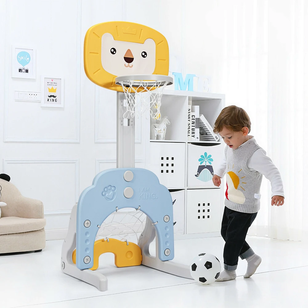 Promotion 3-in-1 vaikų žaidimų aikštelė su reguliuojamu krepšinio stoveliu geltona