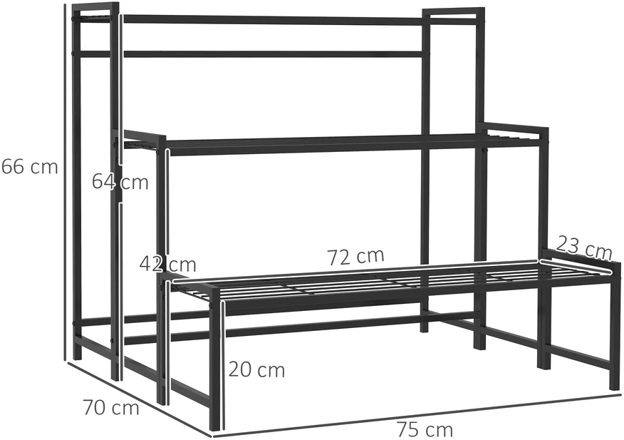 Aosom 3 pakopų gėlių stovas, metalinis, juodas, 75 x 70 x 66 cm