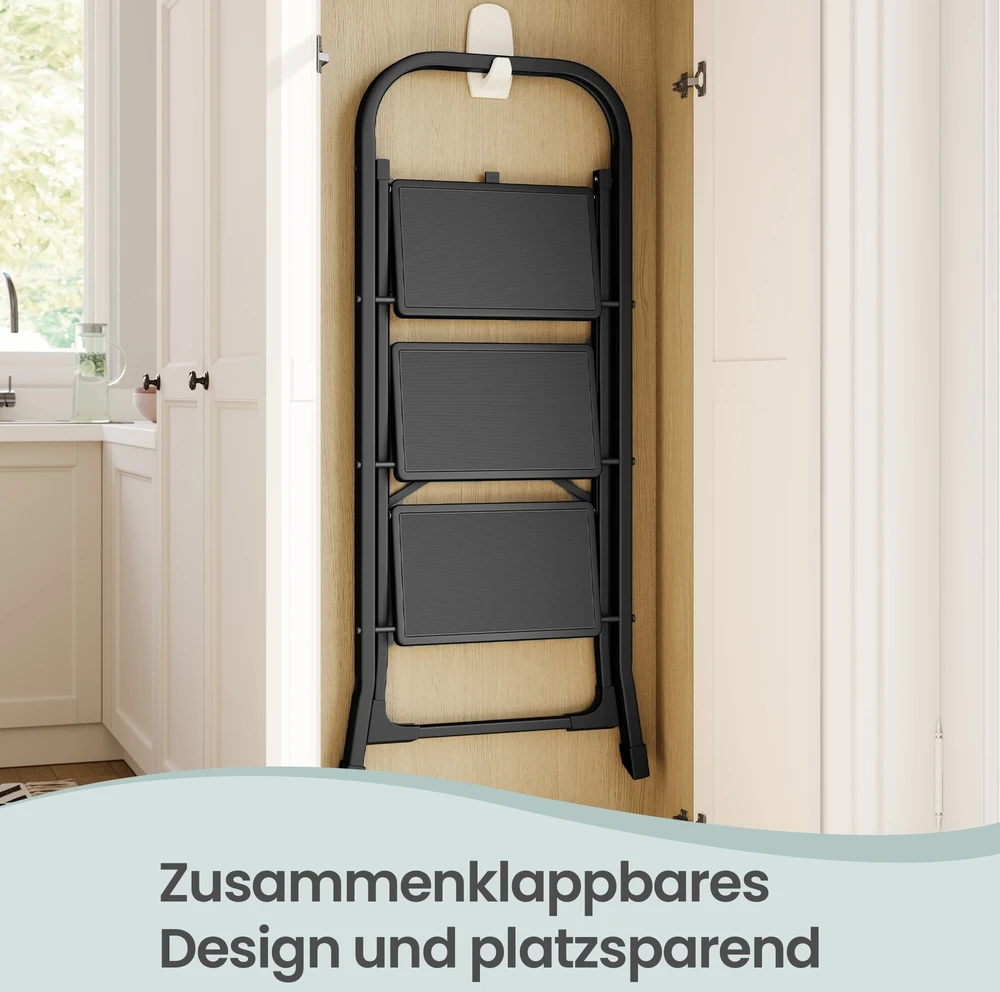 Koduva 3 pakopų pastatomos kopėčios iš plieno, sulankstomos, su turėklu, 150 kg, juodos