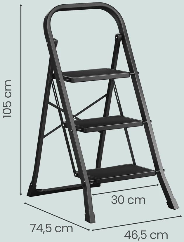 Koduva 3 pakopų pastatomos kopėčios iš plieno, sulankstomos, su turėklu, 150 kg, juodos