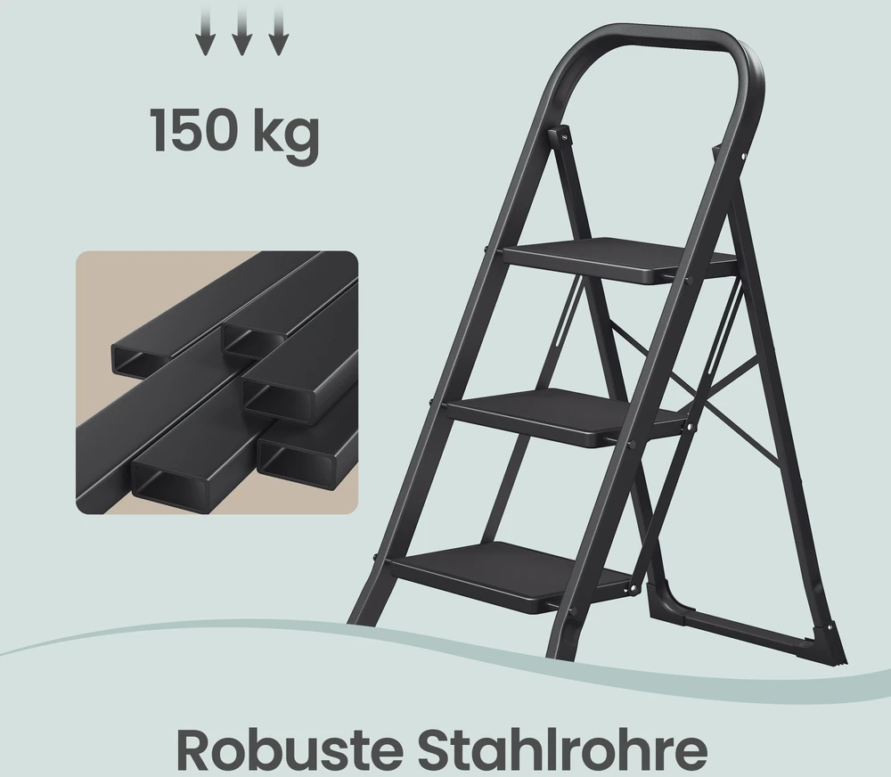 Koduva 3 pakopų pastatomos kopėčios iš plieno, sulankstomos, su turėklu, 150 kg, juodos