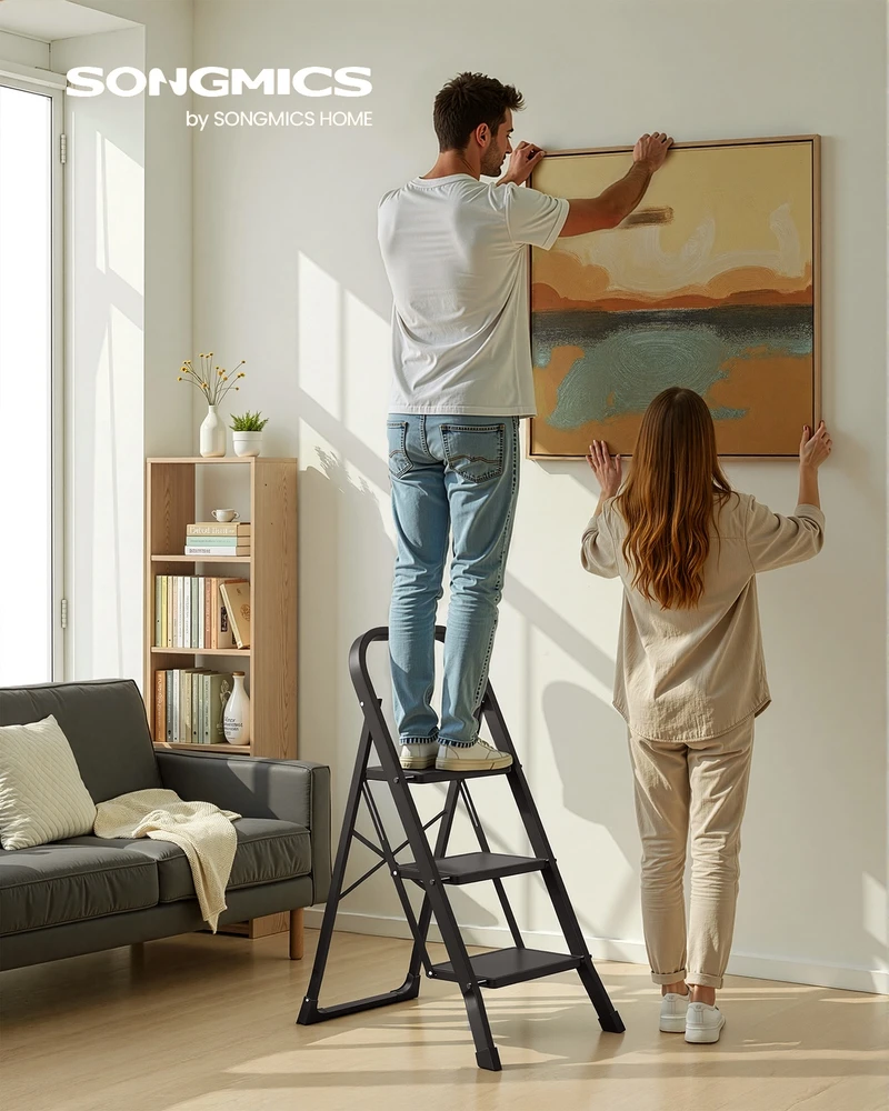 Koduva 3 pakopų sulankstomos kopėčios, plieninės, juodos, 74,5 x 46,5 x 105 cm, iki 150 kg