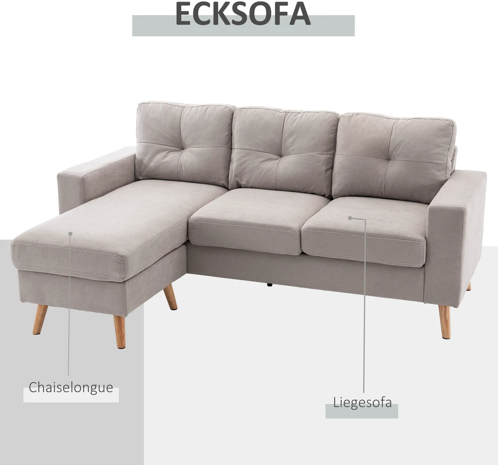 Aosom 3 vietų kampinė sofa, lininės išvaizdos, apverčiama šezlongo dalis, 193 x 136 x 85 cm, šviesiai pilka