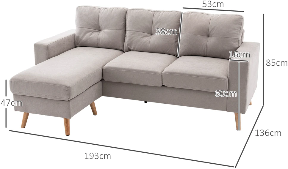 Aosom 3 vietų kampinė sofa, lininės išvaizdos, apverčiama šezlongo dalis, 193 x 136 x 85 cm, šviesiai pilka