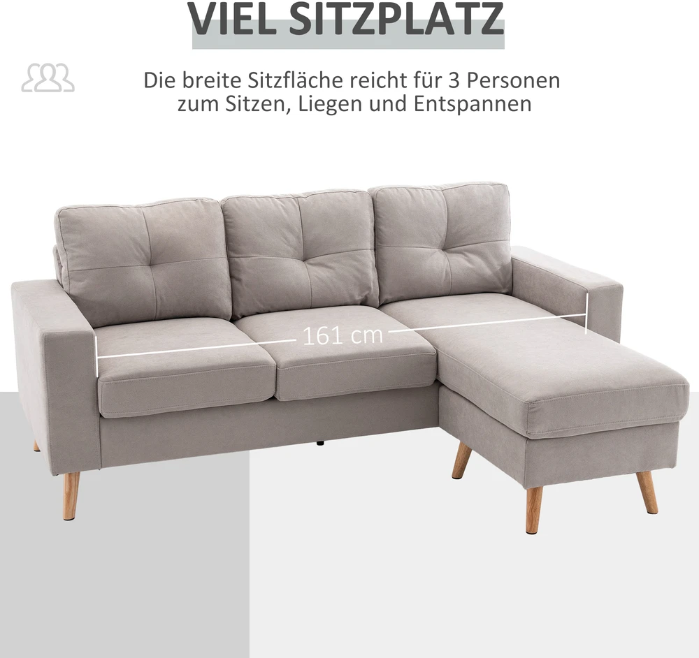 Aosom 3 vietų kampinė sofa, lininės išvaizdos, apverčiama šezlongo dalis, 193 x 136 x 85 cm, šviesiai pilka