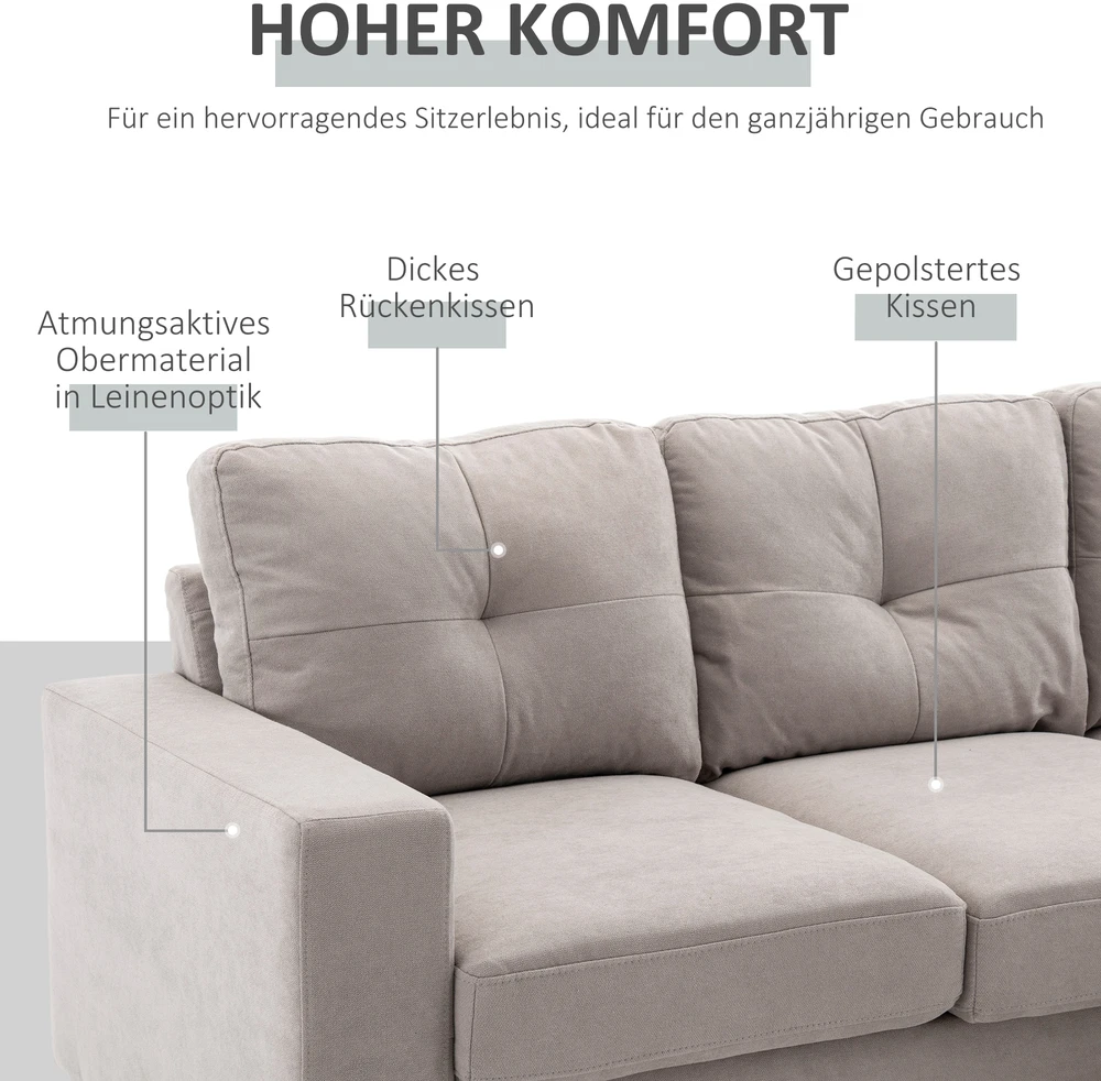 Aosom 3 vietų kampinė sofa, lininės išvaizdos, apverčiama šezlongo dalis, 193 x 136 x 85 cm, šviesiai pilka