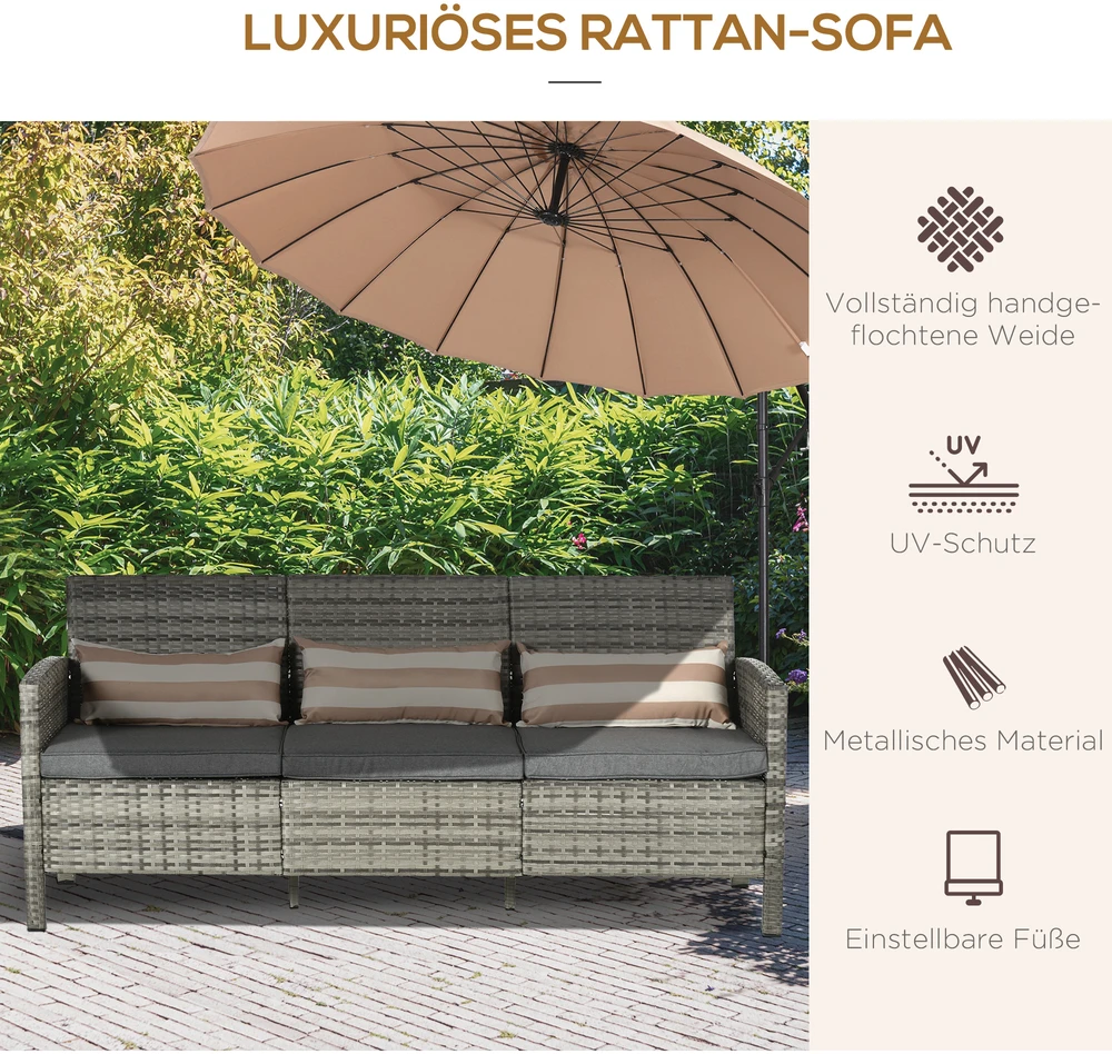 Aosom 3 vietų sodo sofa su pagalvėlėmis, pilka, 173 x 68 x 78 cm