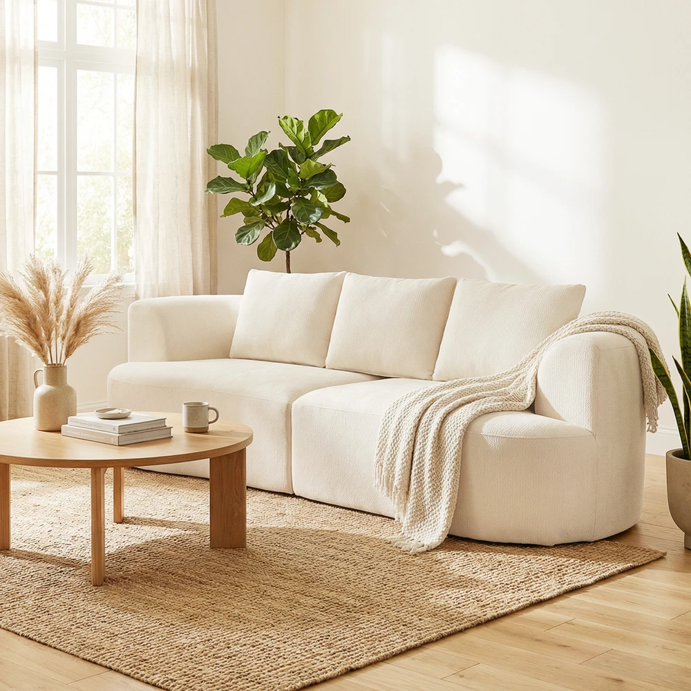 Aosom 3 vietų sofa, 260 cm, kreminės baltos spalvos, šenilinė, su 3 pagalvėlėmis