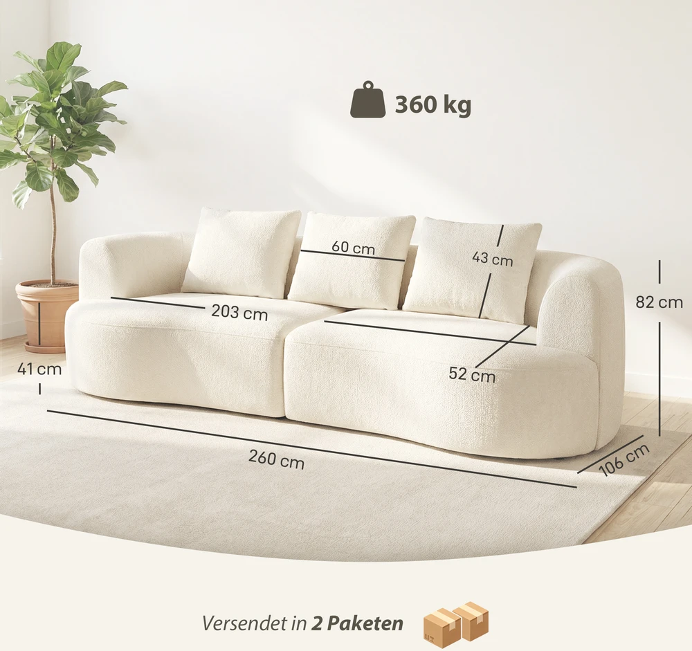 Aosom 3 vietų sofa, 260 cm, kreminės baltos spalvos, šenilinė, su 3 pagalvėlėmis