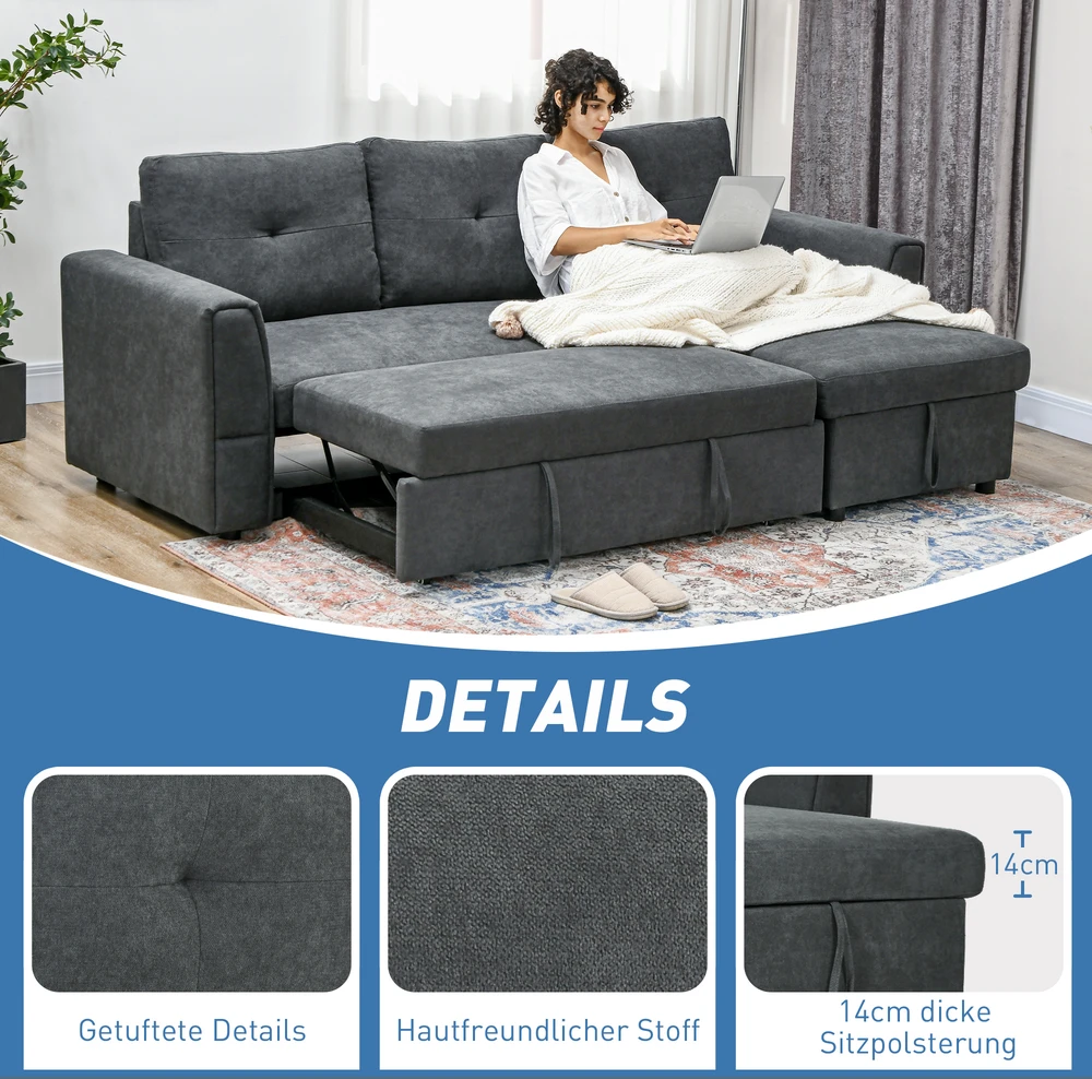 Aosom 3 vietų sofa-lova su šezlongu, tamsiai pilka