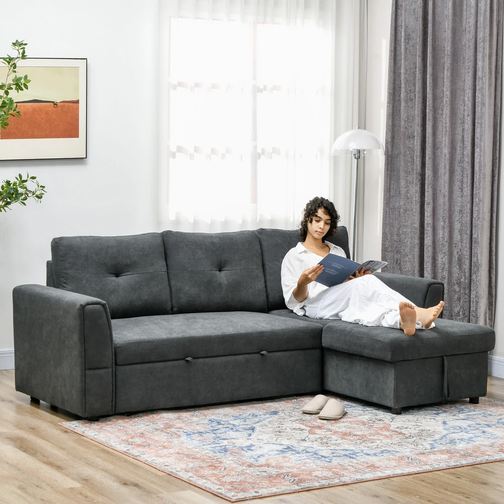 Aosom 3 vietų sofa-lova su šezlongu, tamsiai pilka