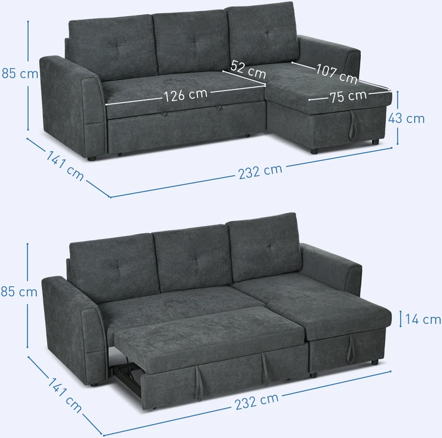 Aosom 3 vietų sofa-lova su šezlongu, tamsiai pilka