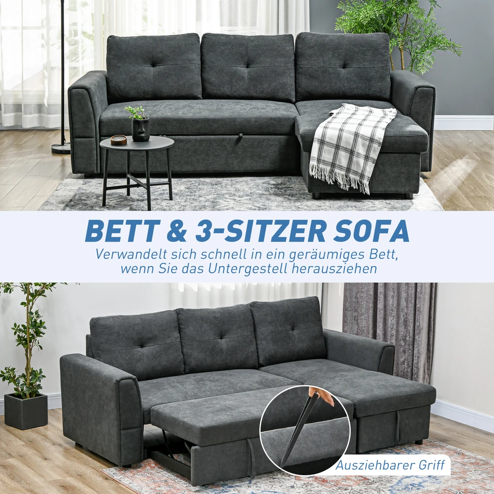 Aosom 3 vietų sofa-lova su šezlongu, tamsiai pilka