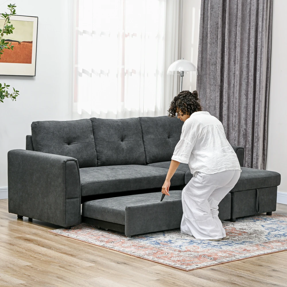 Aosom 3 vietų sofa-lova su šezlongu, tamsiai pilka