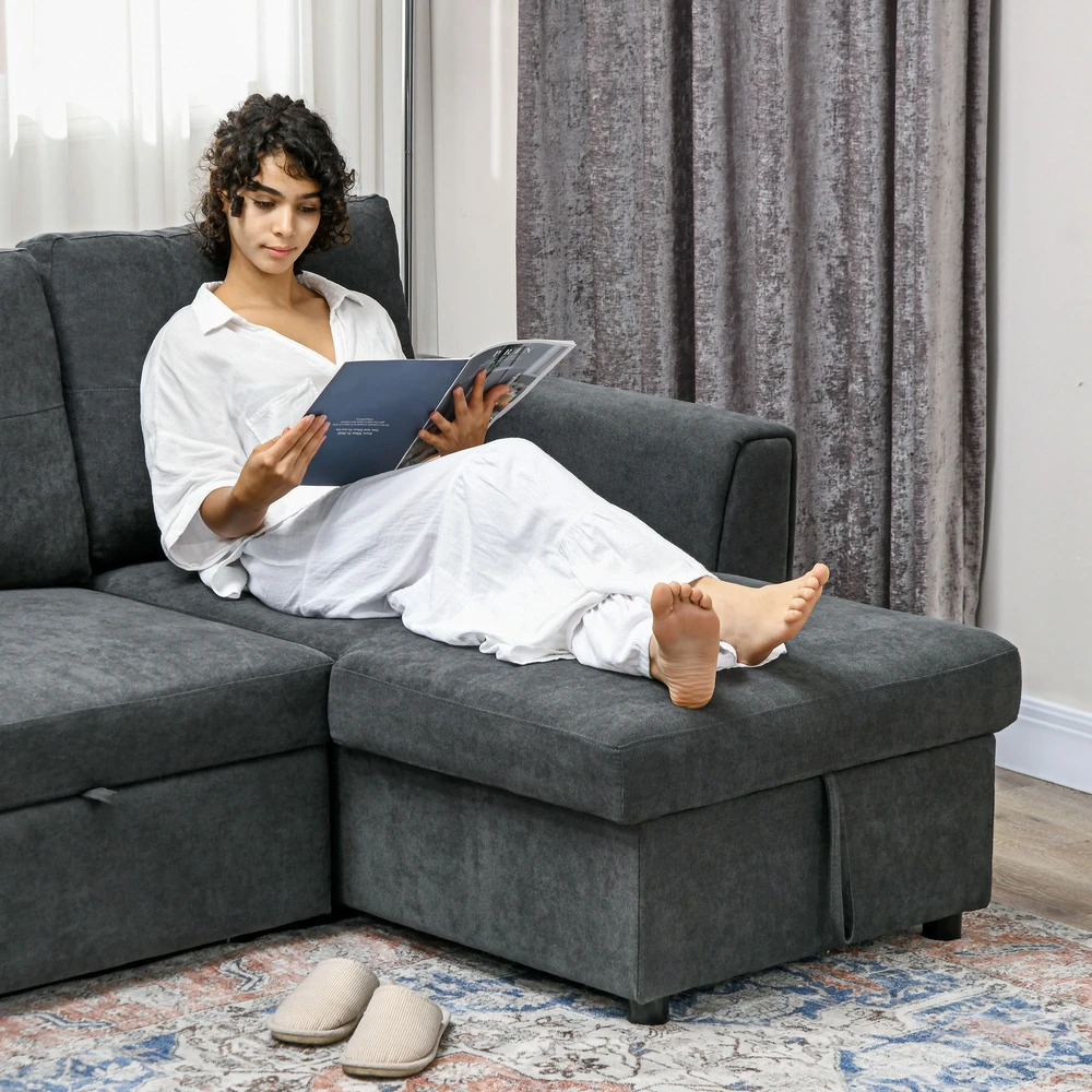 Aosom 3 vietų sofa-lova su šezlongu, tamsiai pilka
