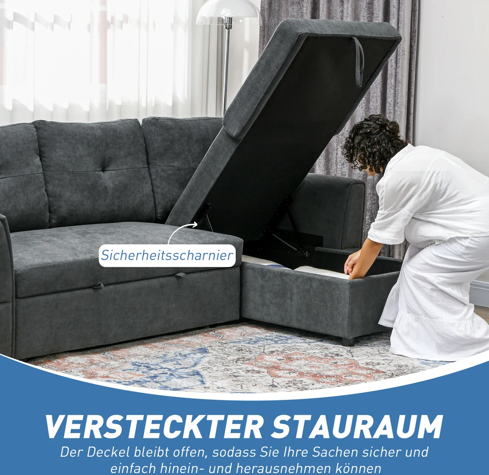 Aosom 3 vietų sofa-lova su šezlongu, tamsiai pilka