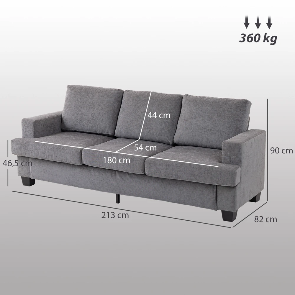 Aosom 3 vietų sofa, pilka, audinio apmušalas, plieno rėmas, 213 x 82 x 90 cm
