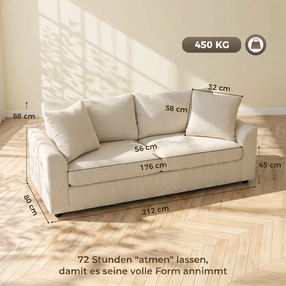Aosom 3 vietų sofa su dekoratyvinėmis pagalvėlėmis, kreminė balta, 212 cm