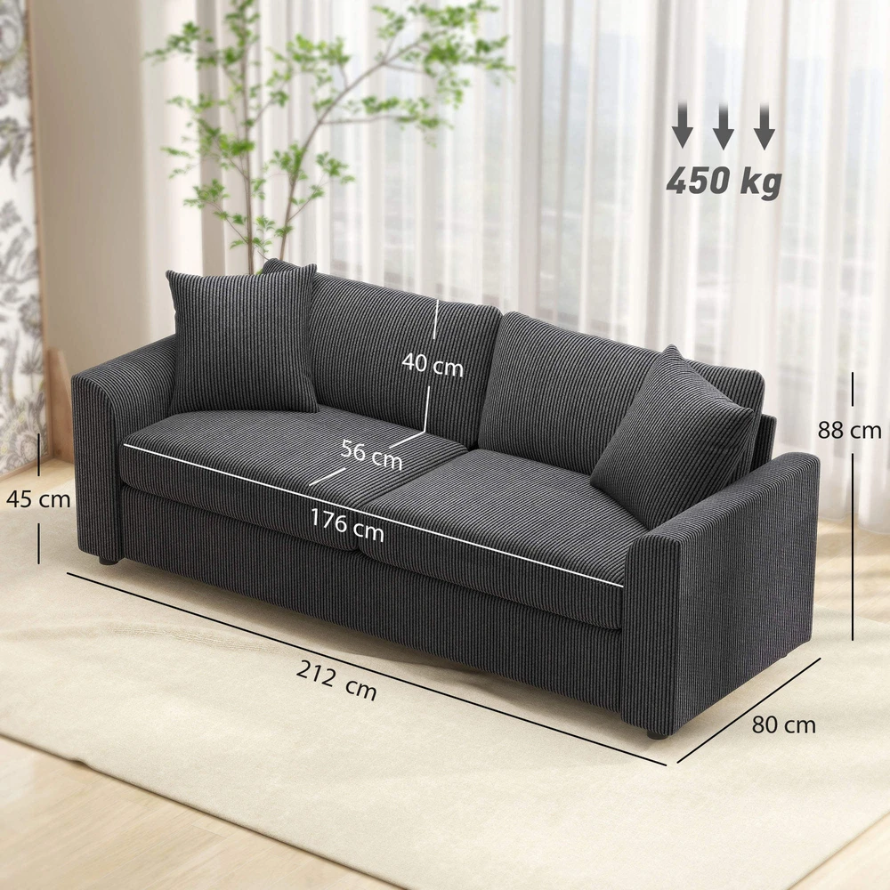 Aosom 3 vietų sofa su dekoratyvinėmis pagalvėlėmis, tamsiai pilka, 212 cm