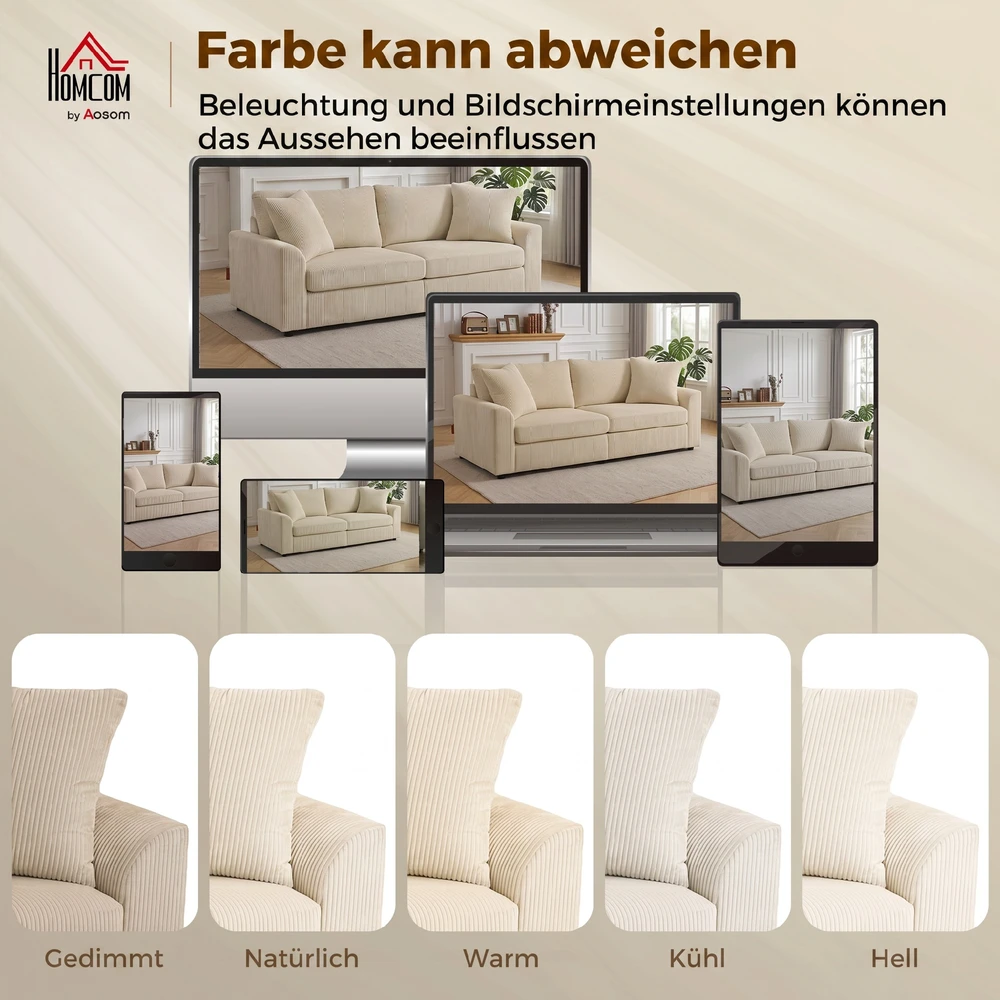 Aosom 3 vietų sofa su dekoratyvinėmis pagalvėlėmis, kreminė balta, 212 cm