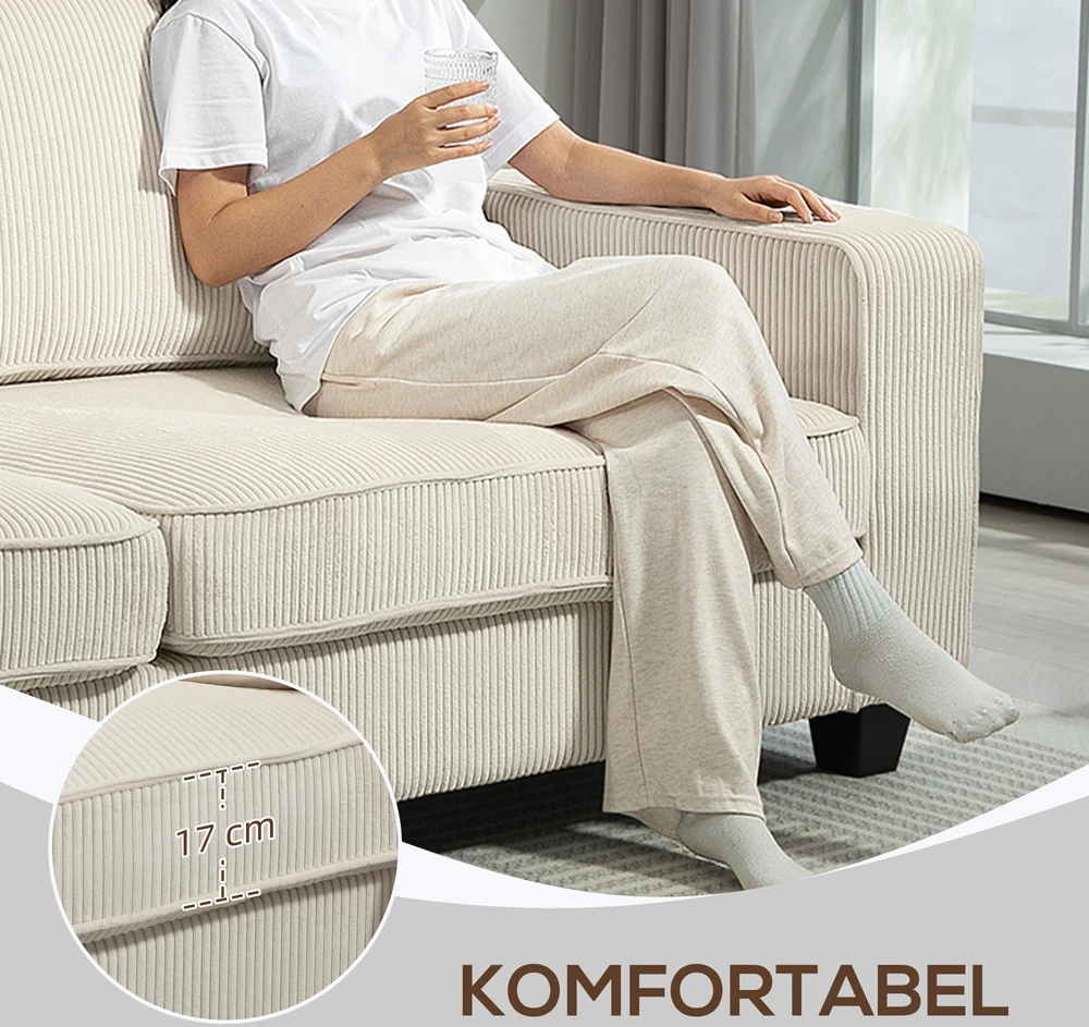 Aosom 3 vietų sofa su kordurojaus užvalkalu, kreminė balta, 227 x 84 x 87 cm