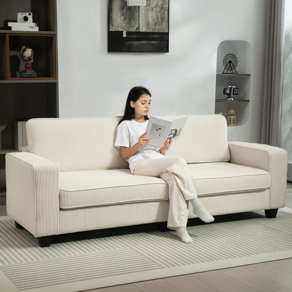 Aosom 3 vietų sofa su kordurojaus užvalkalu, kreminė balta, 227 x 84 x 87 cm