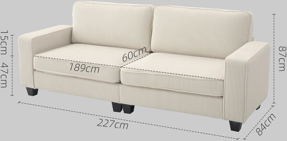 Aosom 3 vietų sofa su kordurojaus užvalkalu, kreminė balta, 227 x 84 x 87 cm