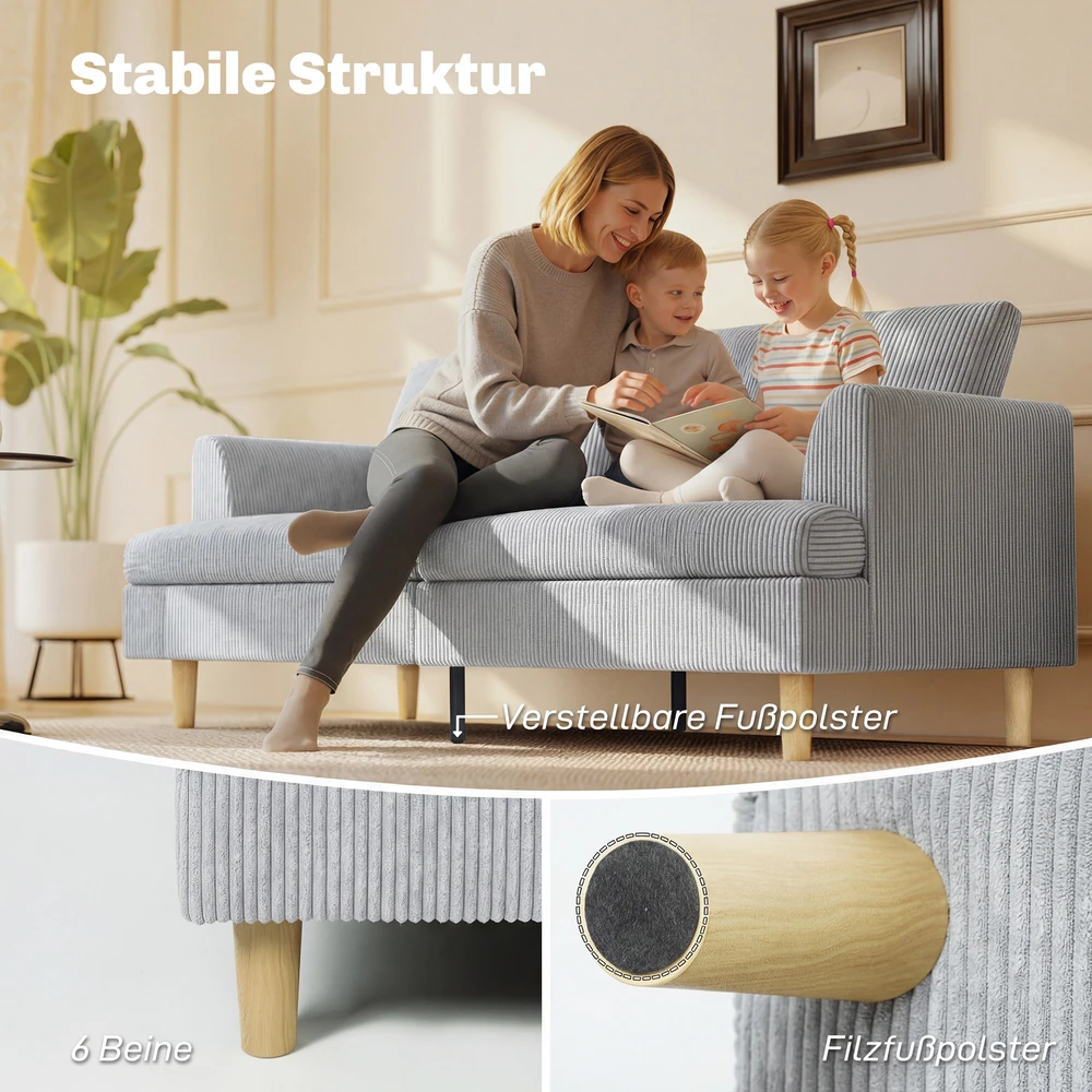 Aosom 3 vietų sofa su porankiais, šviesiai pilka, 188 x 80 x 86 cm