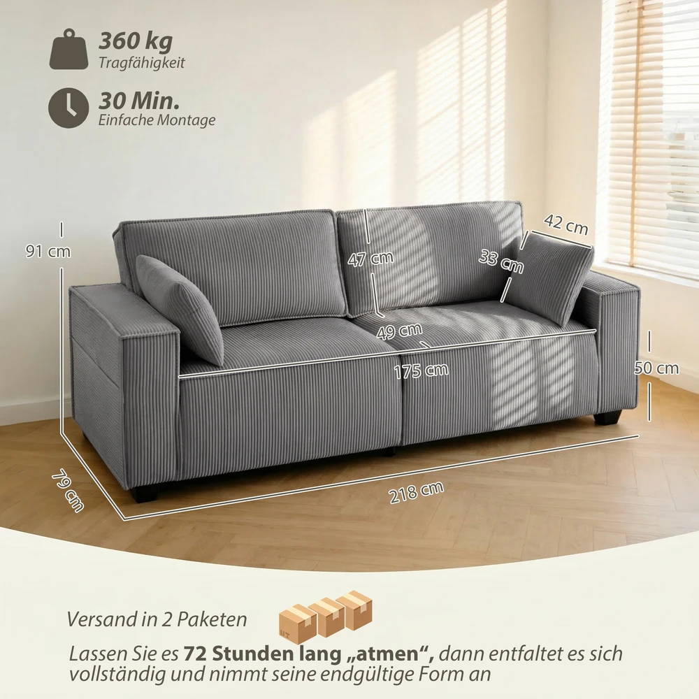 Aosom 3 vietų sofa, šviesiai pilka, 218 cm, mančesterio audinys
