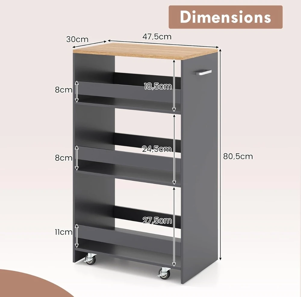 Promotion 30 cm Plataus Vežimėlio Su Rankena ir Lentynomis, Pilka