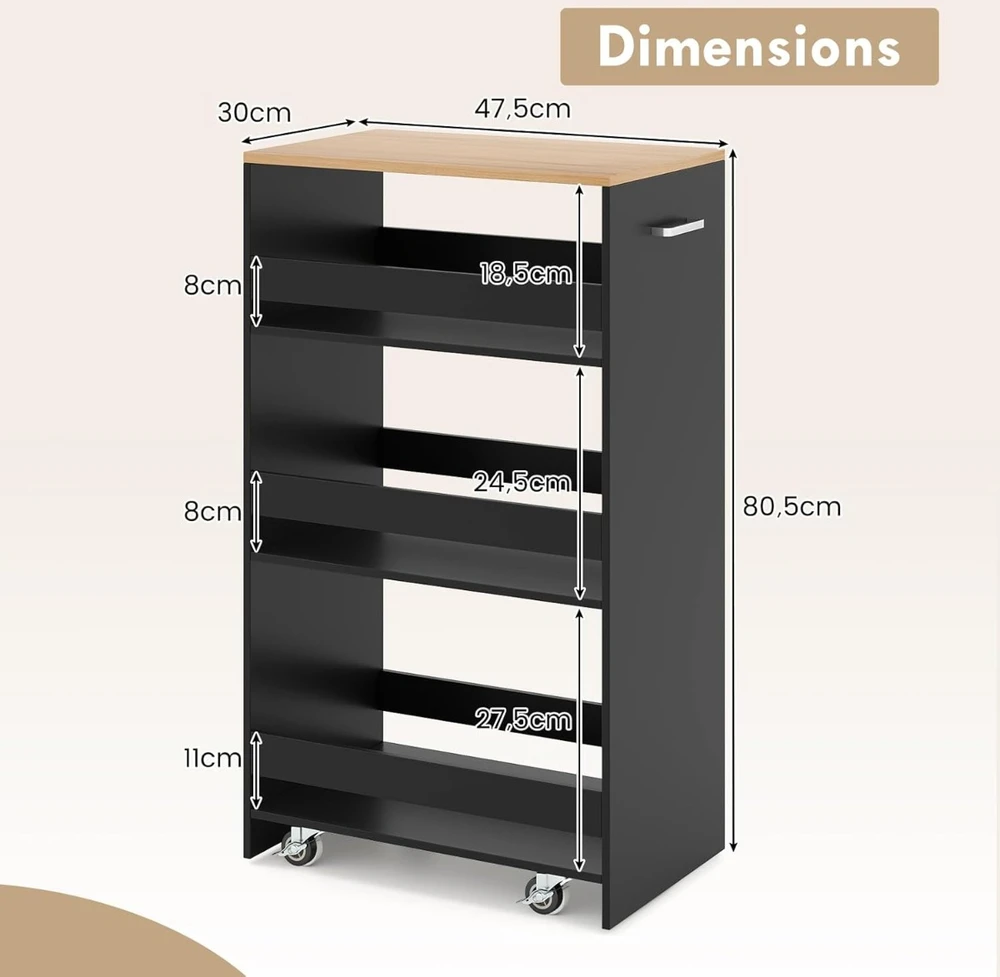 Promotion 30 cm Plataus Vežimėlio Su Rankena ir Lentynomis, Juoda