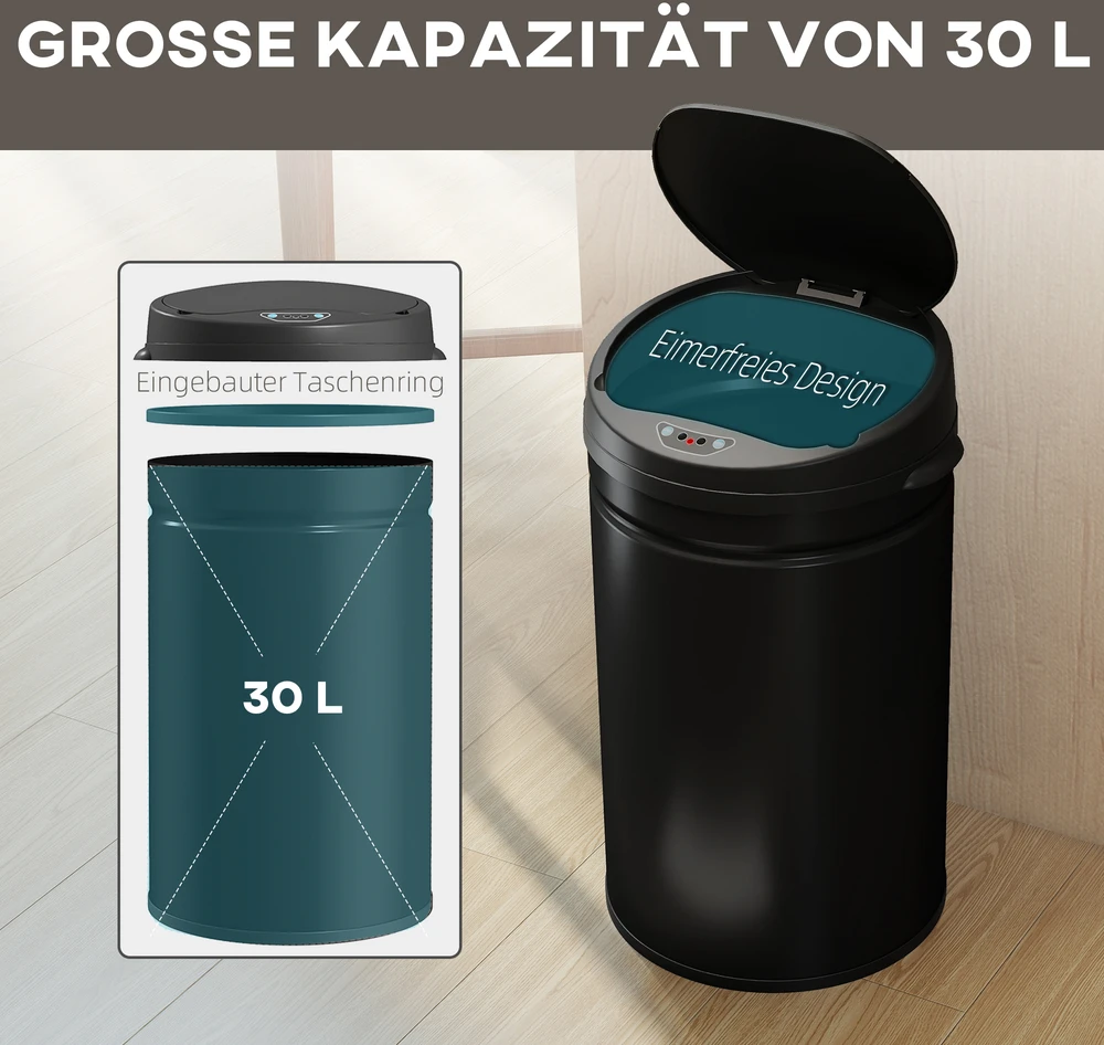 Aosom 30 l sensorinė šiukšliadėžė su soft-close funkcija, juoda, nerūdijantis plienas