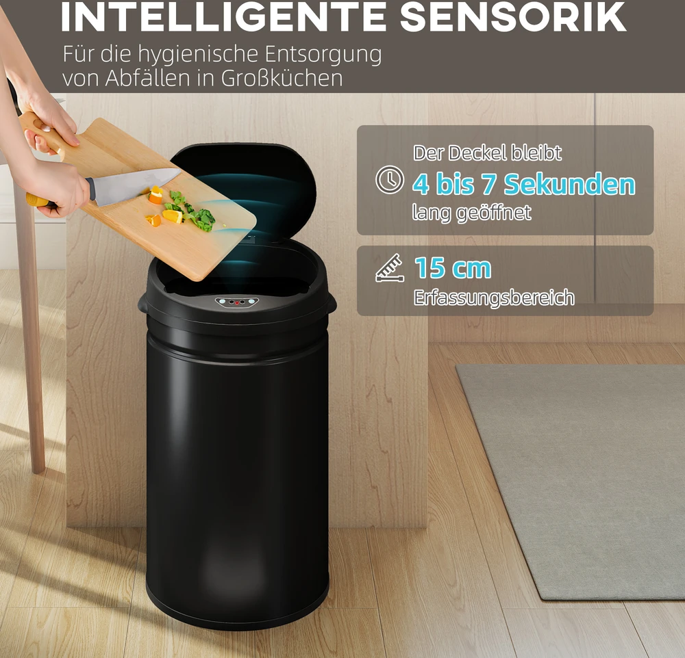 Aosom 30 l sensorinė šiukšliadėžė su soft-close funkcija, juoda, nerūdijantis plienas