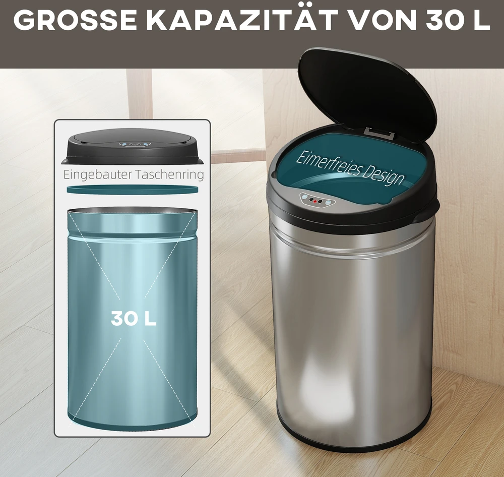 Aosom 30 l sensorinis šiukšliadėžė su „Soft-Close“, bekontaktė nerūdijančio plieno