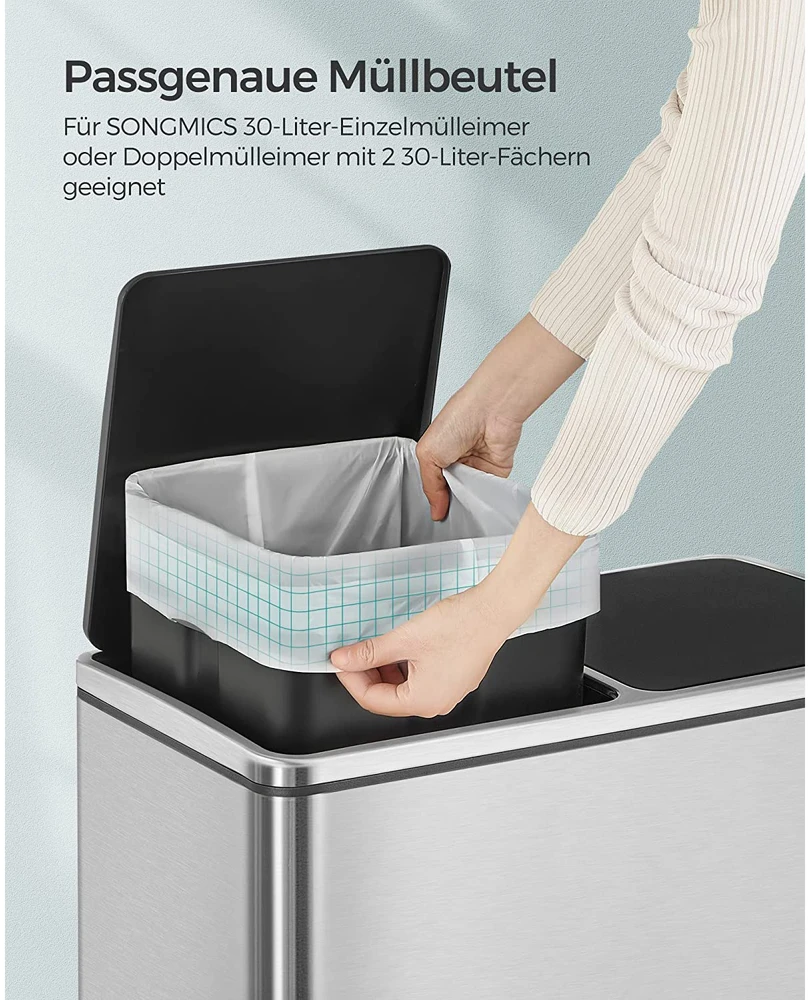 Songmics 30 l šiukšlių maišai su užtraukimo juosta, 180 vnt., 4 ritiniai, balti, 74 x 53 cm