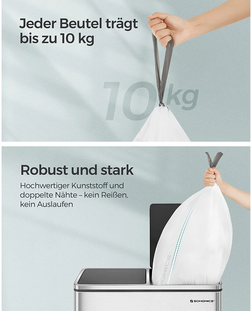 Songmics 30 l šiukšlių maišai su užtraukimo juosta, 180 vnt., 4 ritiniai, balti, 74 x 53 cm