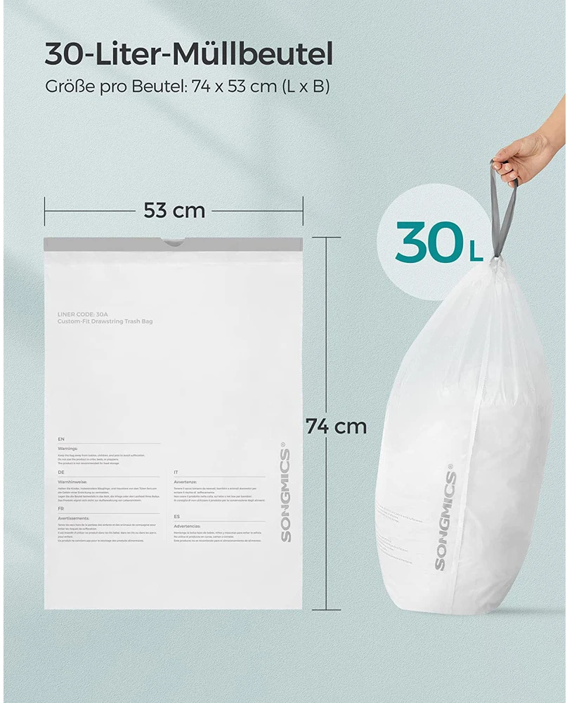 Songmics 30 l šiukšlių maišai su užtraukimo juosta, 180 vnt., 4 ritiniai, balti, 74 x 53 cm