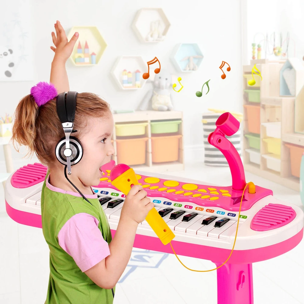 Promotion 31 klavišų vaikų pianinas su mikrofonu, rožinis