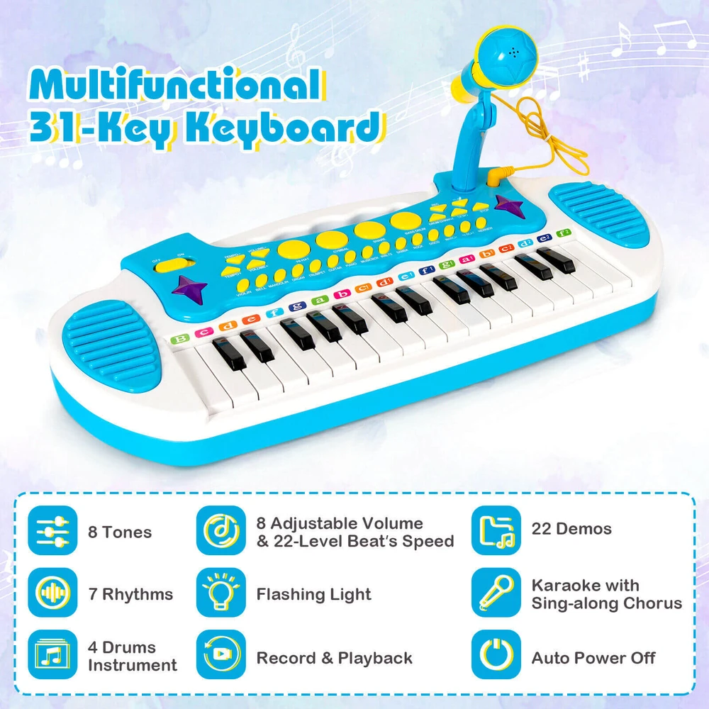 Promotion 31 klavišų vaikų pianinas su mikrofonu, mėlynas