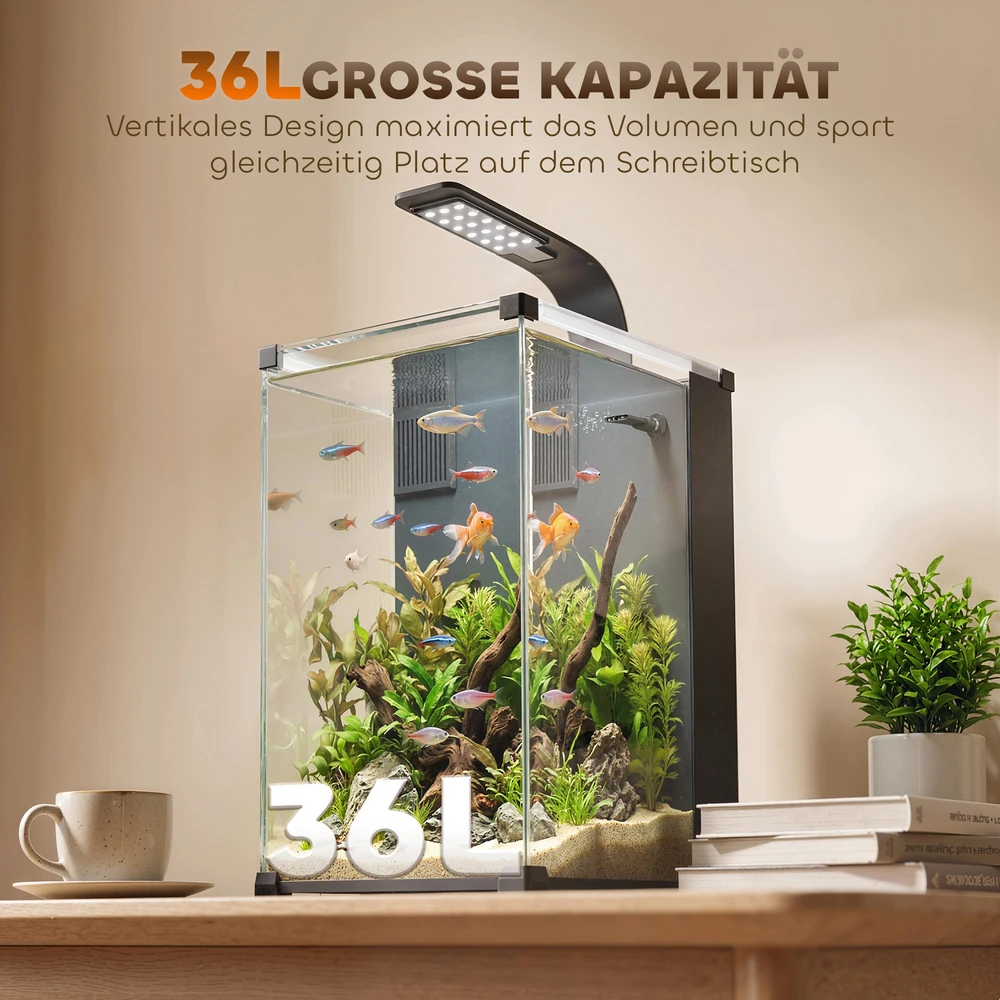 Aosom 36 l akvariumo komplektas, nano akvariumas su LED apšvietimu, filtravimo sistema ir siurbliu, juodas, 30 x 30 x 45,5 cm