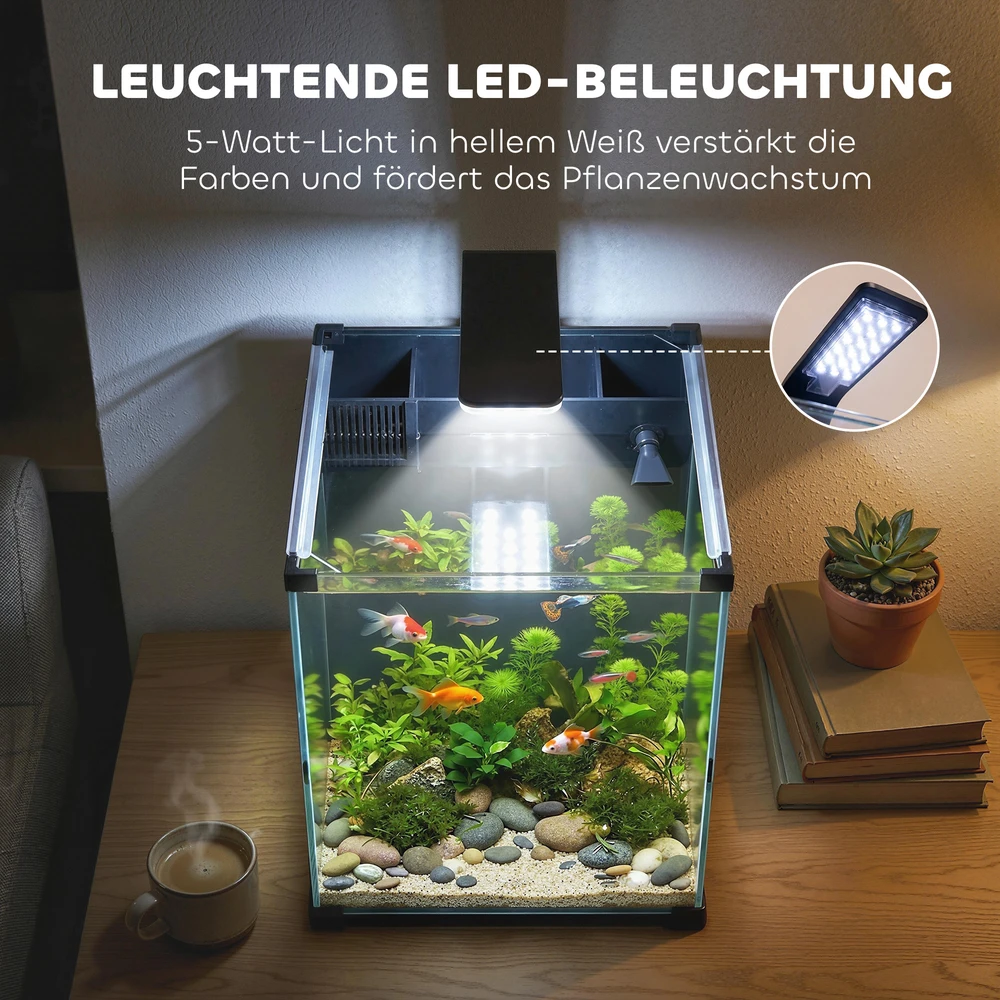 Aosom 36 l akvariumo komplektas, nano akvariumas su LED apšvietimu, filtravimo sistema ir siurbliu, juodas, 30 x 30 x 45,5 cm