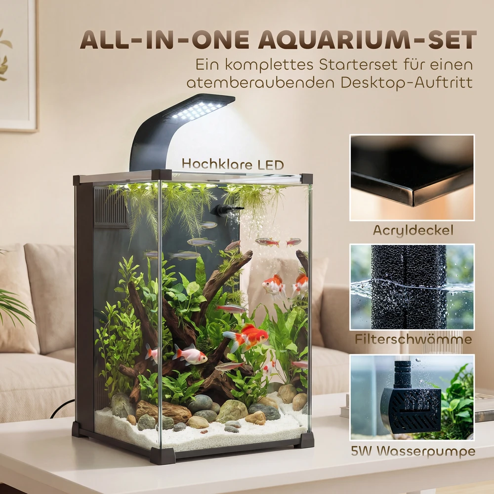 Aosom 36 l akvariumo komplektas, nano akvariumas su LED apšvietimu, filtravimo sistema ir siurbliu, juodas, 30 x 30 x 45,5 cm